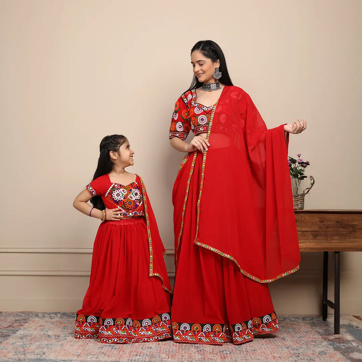 Exclusive Hand Embroidered Ethnic  Red Chaniya Choli Set with Matching Dupatta Mom and Daughter Twin Set