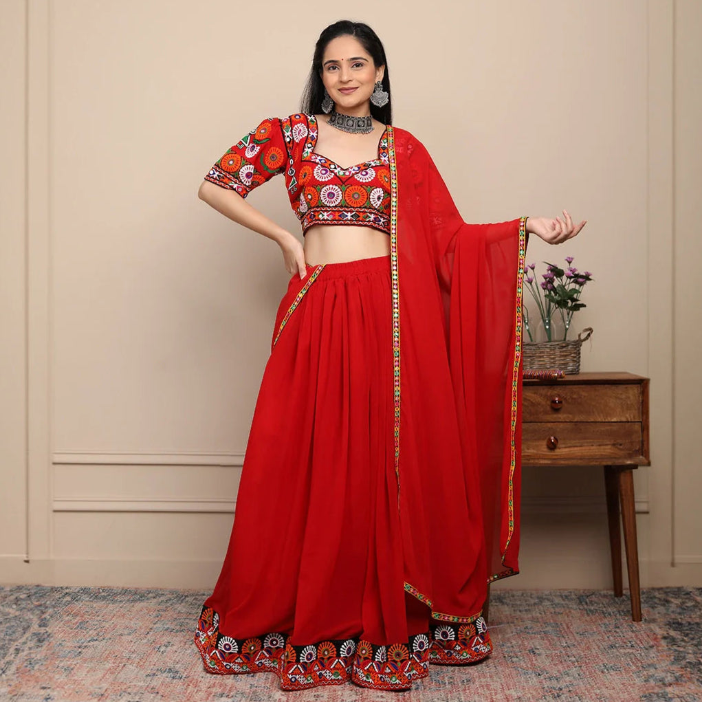 Exclusive Hand Embroidered Ethnic  Red Chaniya Choli Set with Matching Dupatta For Women