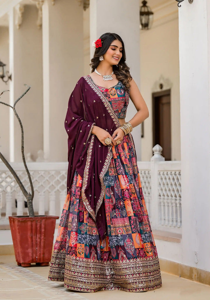 Elegant Multicolor Georgette Lehenga Choli | Digital Print & Embroidery