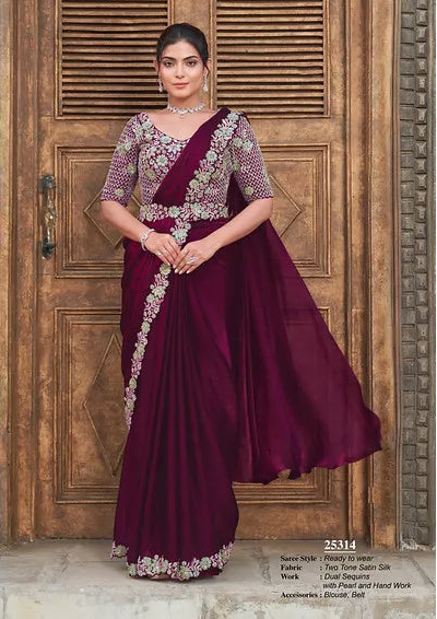 Wine Satin Silk Ready to Wear Saree with Pearls & Sequins Work for Party Wear