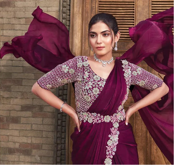 Wine Satin Silk Ready to Wear Saree with Pearls & Sequins Work for Party Wear