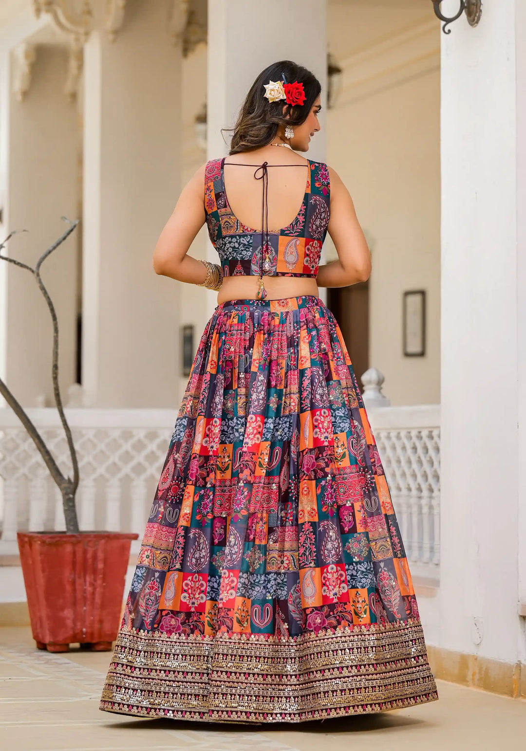 Elegant Multicolor Georgette Lehenga Choli | Digital Print & Embroidery
