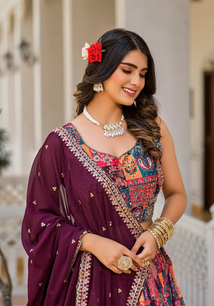 Elegant Multicolor Georgette Lehenga Choli | Digital Print & Embroidery