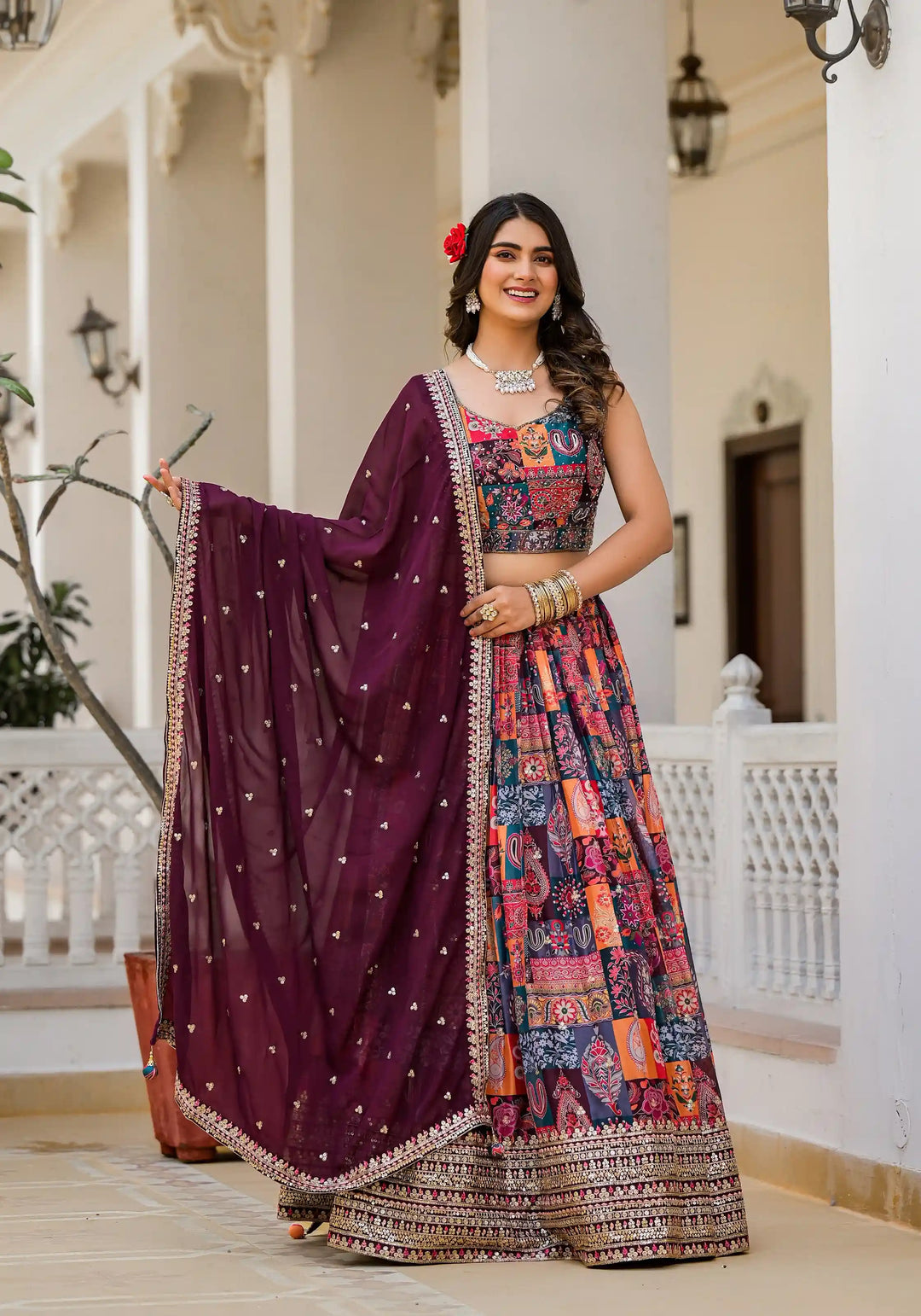 Elegant Multicolor Georgette Lehenga Choli | Digital Print & Embroidery