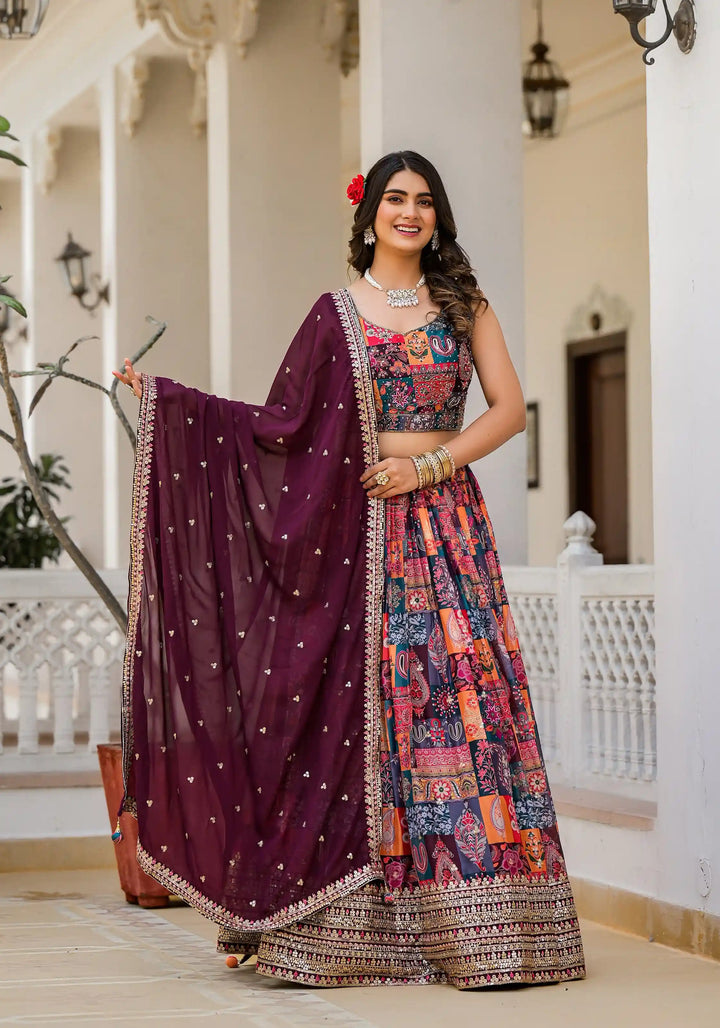 Elegant Multicolor Georgette Lehenga Choli | Digital Print & Embroidery