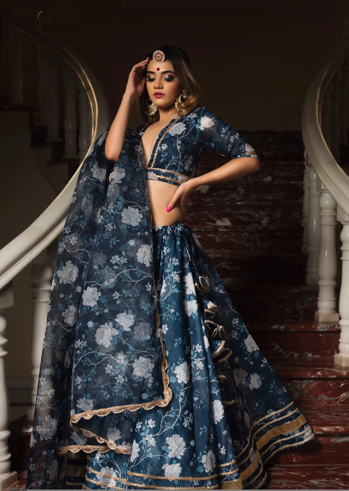 Stunning Bluebell Modal Chanderi Lehenga | Digital Print & Lace Work Dupatta