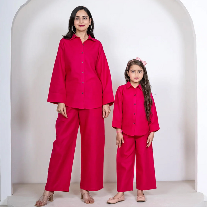 Fuchsia Pink Cotton Mommy & Me Matching Outfit Set: Shirt & Pants Co-Ord