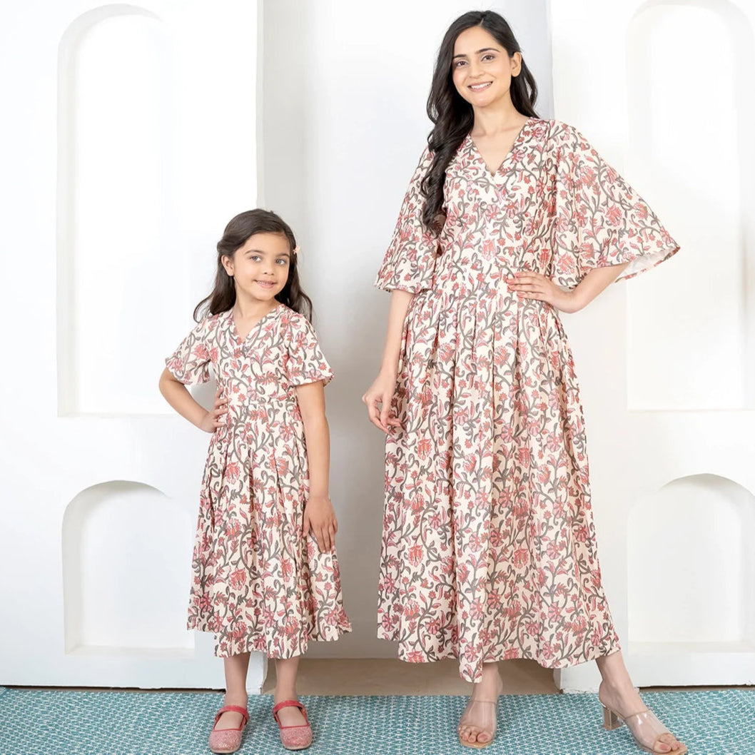 Mommy & Me Matching Maxi Dresses: Red Floral Print on Cream | Summer Comfort