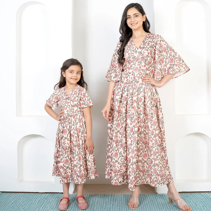 Mommy & Me Matching Maxi Dresses: Red Floral Print on Cream | Summer Comfort