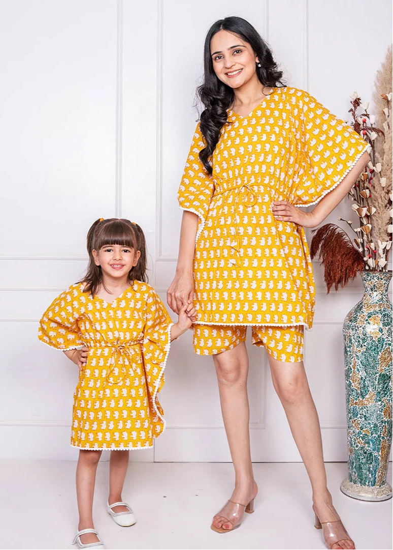 Mommy & Me Matching Set: Mustard Rabbit Kaftan & Shorts