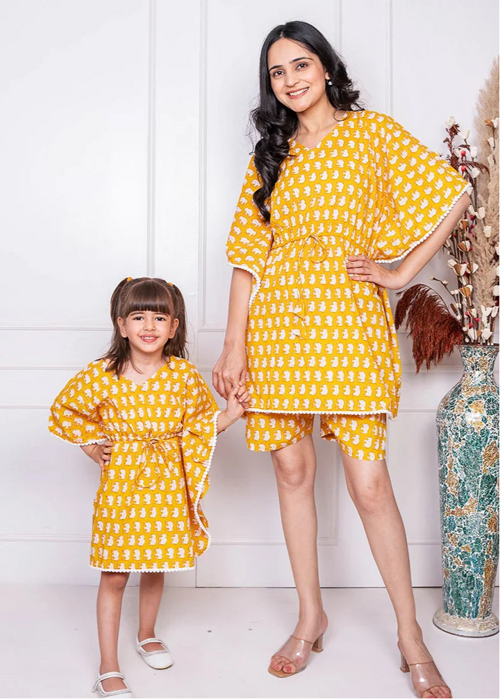 Mommy & Me Matching Set: Mustard Rabbit Kaftan & Shorts