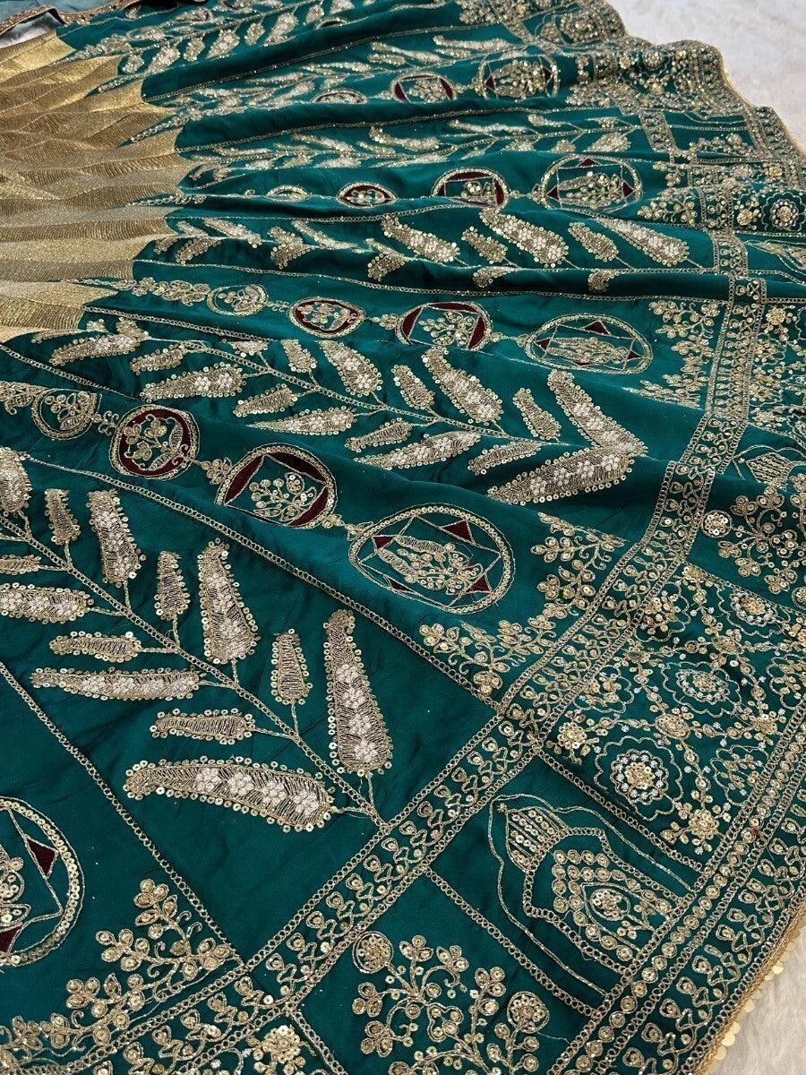 Enchanting Teal Green Thread Work | Silk Engagement Wear Lehenga Choli Luxury Wear