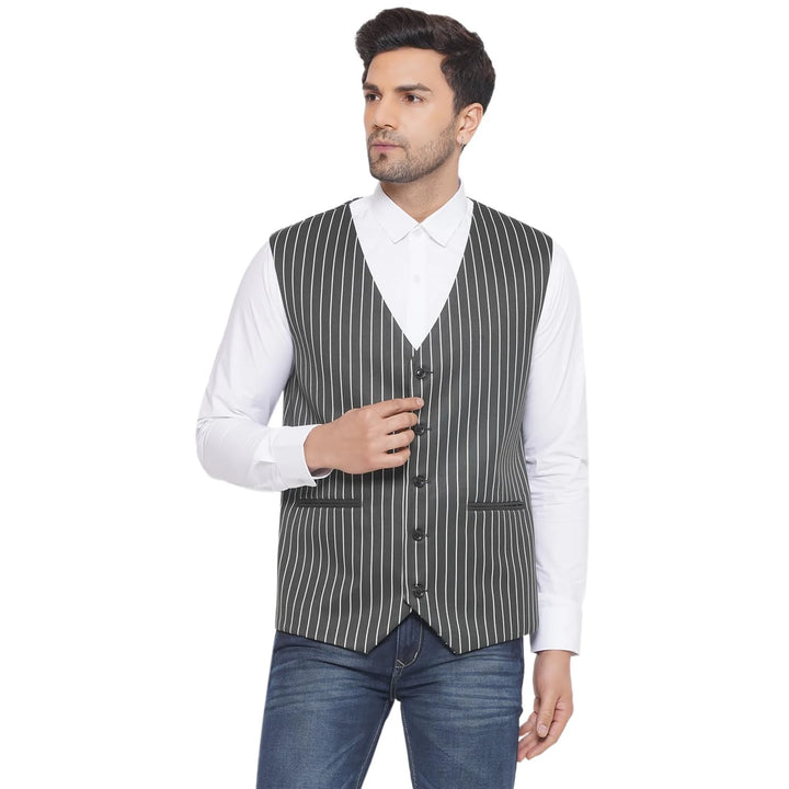 White Striped Waistcoat for Men | Cotton Poly Formal & Casual Wear