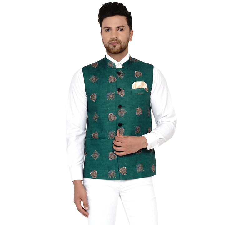 From Mehendi to Mandap | Teal Green Printed Cotton Jacket for Men