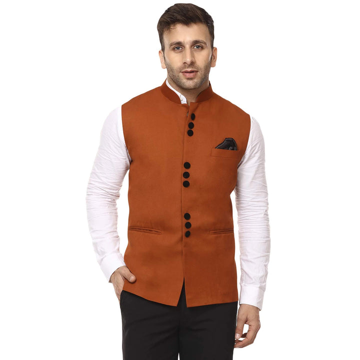 Graceful  Men's Nehru Jacket | Brown Cotton Plain Festive Look