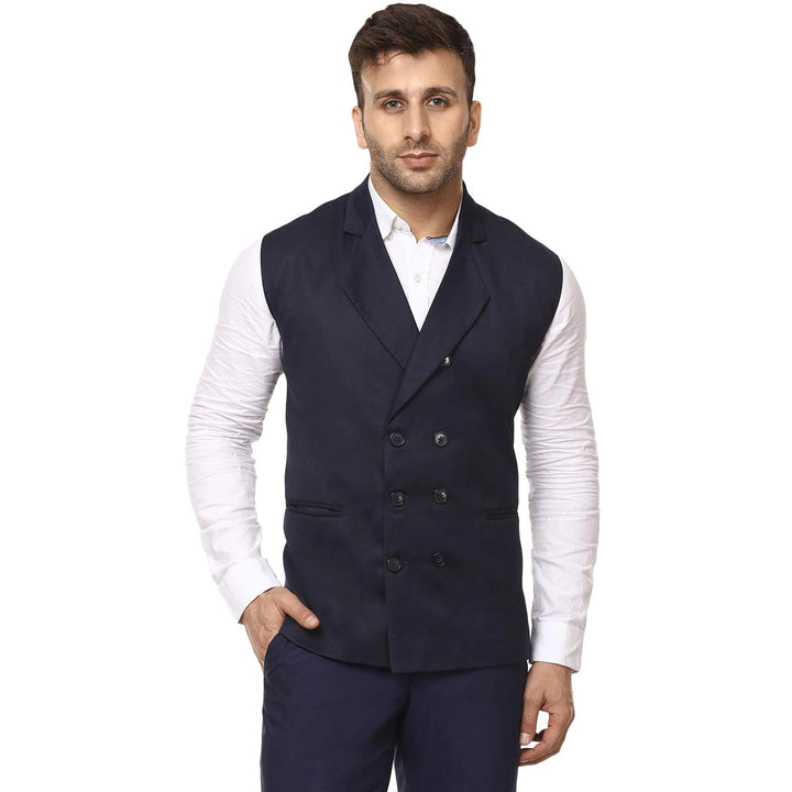 Navy Blue Sleeveless Waistcoat for Men | Cotton Poly Mandarin Style
