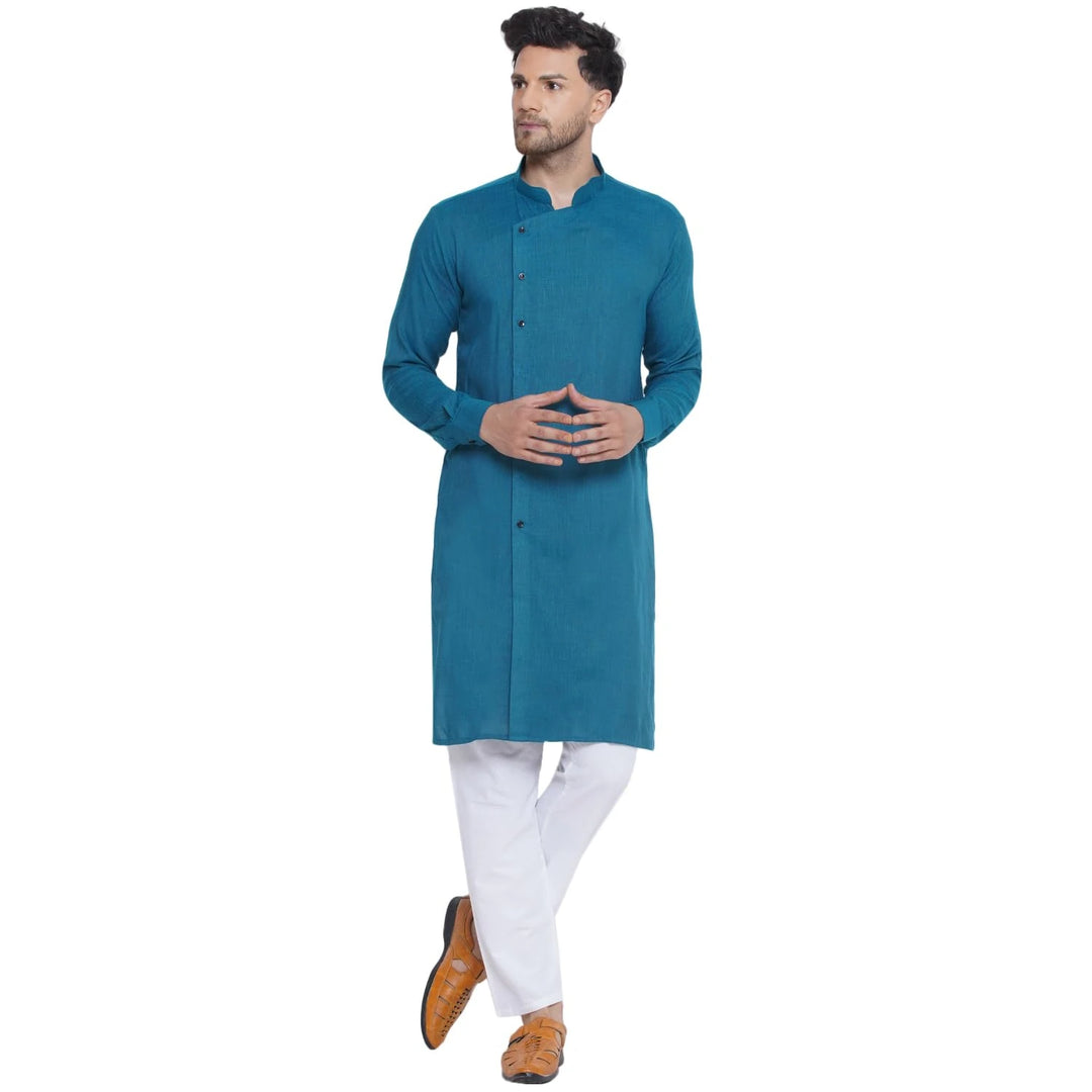 Viscose Rayon Solid Kurta | Teal Blue Men’s Long Festive Wear