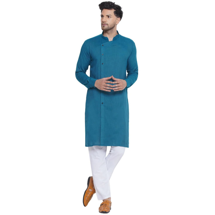 Viscose Rayon Solid Kurta | Teal Blue Men’s Long Festive Wear
