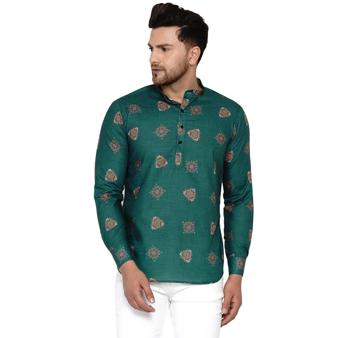 Trendy Printed Cotton Kurta for Men | Teal Green Short Festive Wear