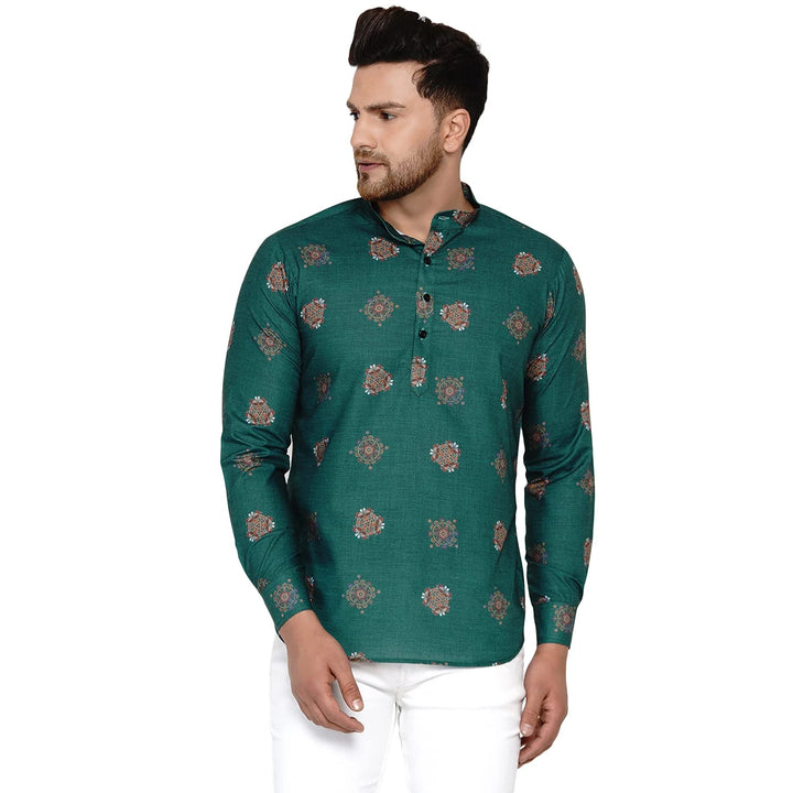 Trendy Printed Cotton Kurta for Men | Teal Green Short Festive Wear
