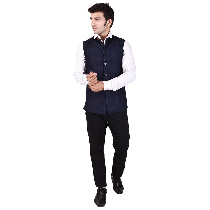 Trendy Denim Look Nehru Jacket | Cotton Blend Chinese Collar for Men