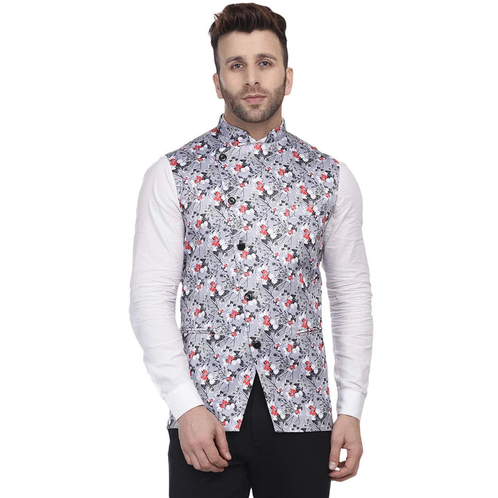 Statement Ethnic Jacket | Gray Silk Blend Printed Nehru Style