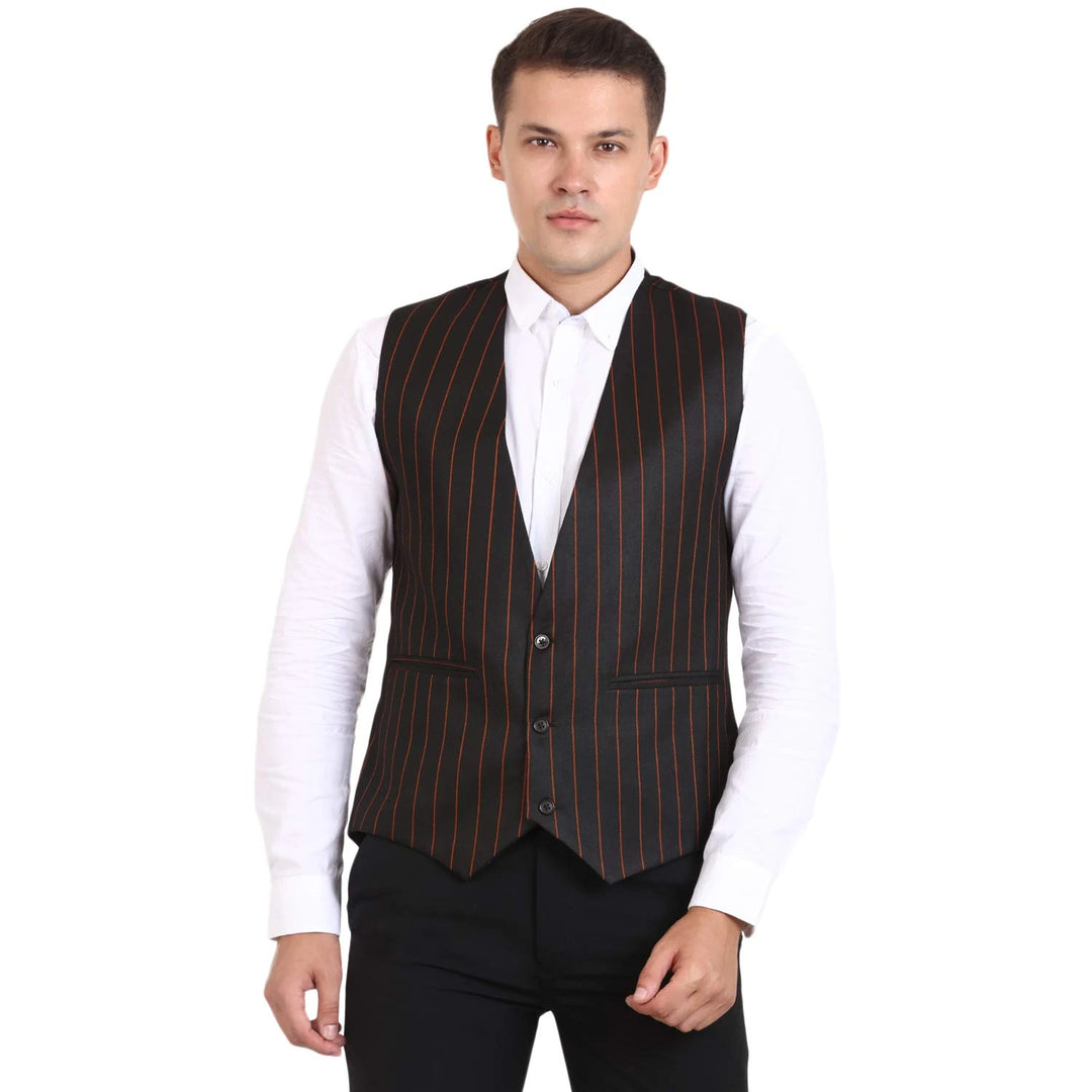 Men’s Striped Black Waistcoat | Poly Cotton Round Neck Design