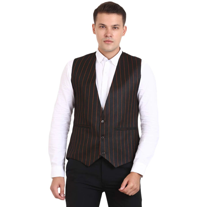 Men’s Striped Black Waistcoat | Poly Cotton Round Neck Design