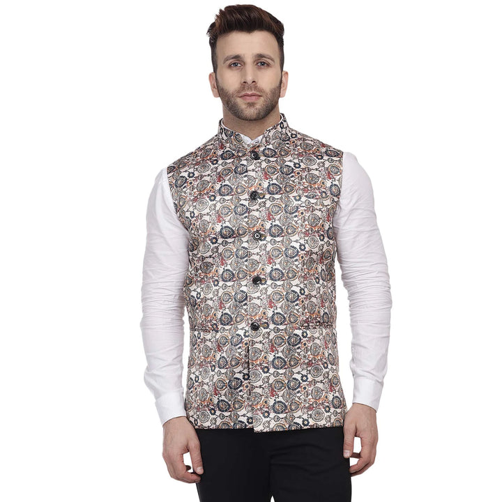 Stylish Silk Blend Jacket | Printed Beige Nehru for Celebrations