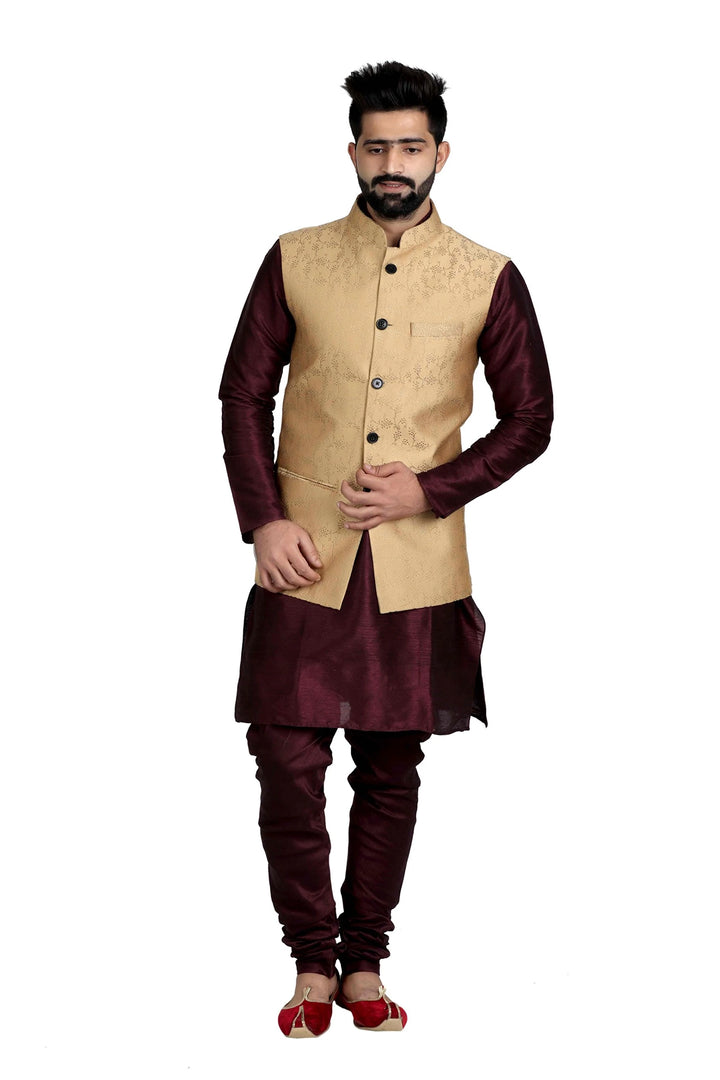 Ethnic Banarasi Nehru Jacket | Chiku Color Silk Blend Fashion