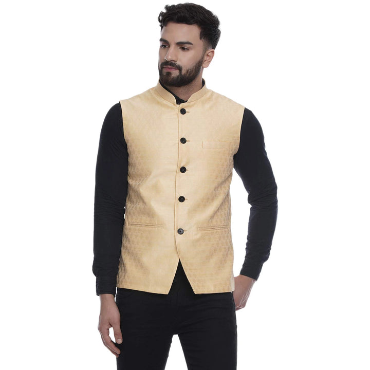 Vibrant Light Yellow Nehru Jacket | Jacquard Print for Celebrations
