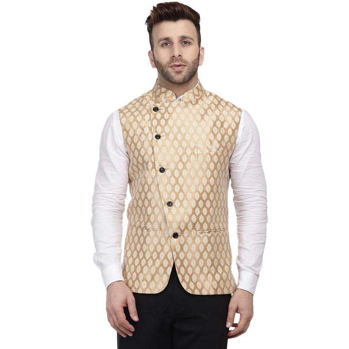 Gold Jacquard Printed Jacket | Festive Nehru Style for Men
