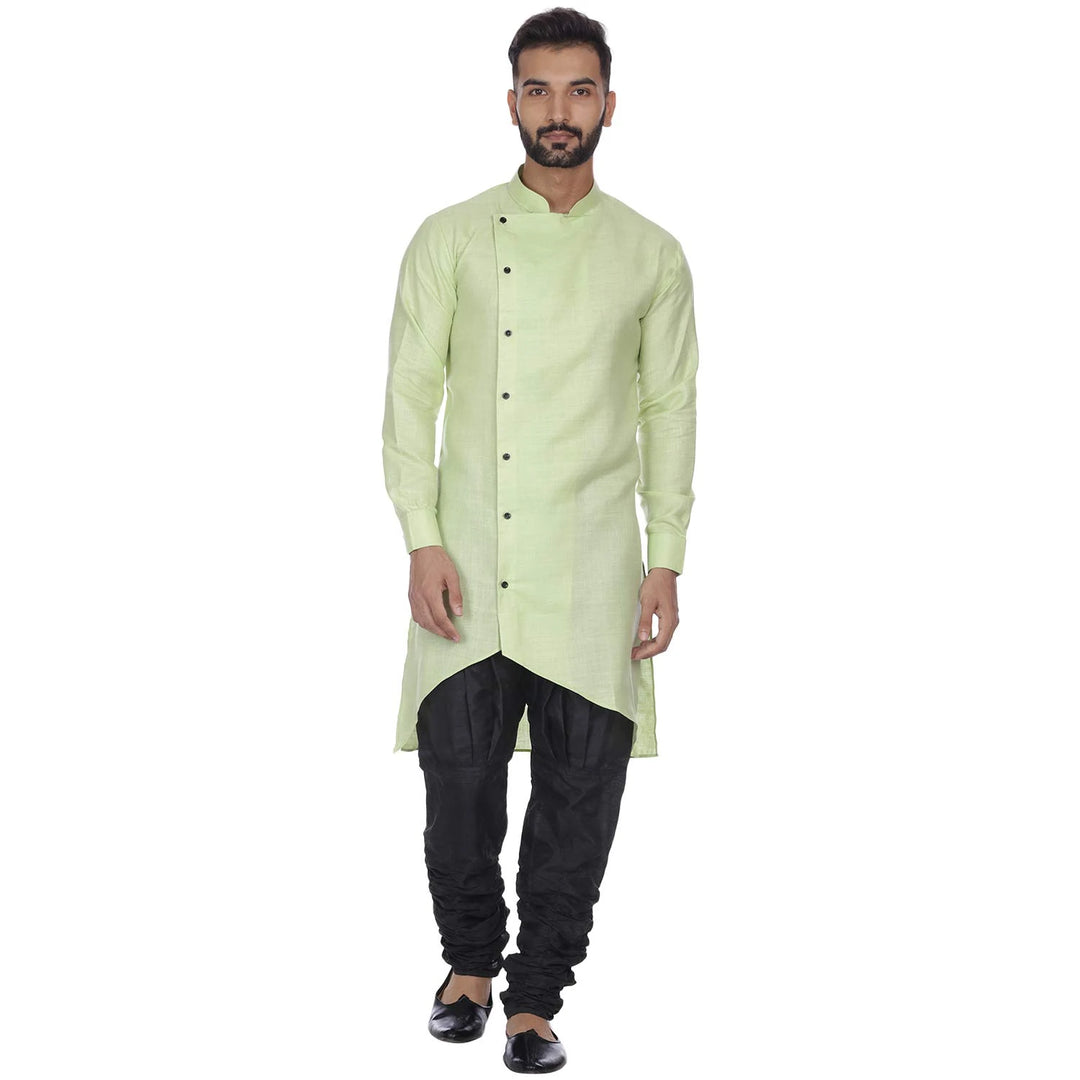 Men's Pista Green Zig Zag Plain Long Cotton Kurta | Machine Weave Fabric