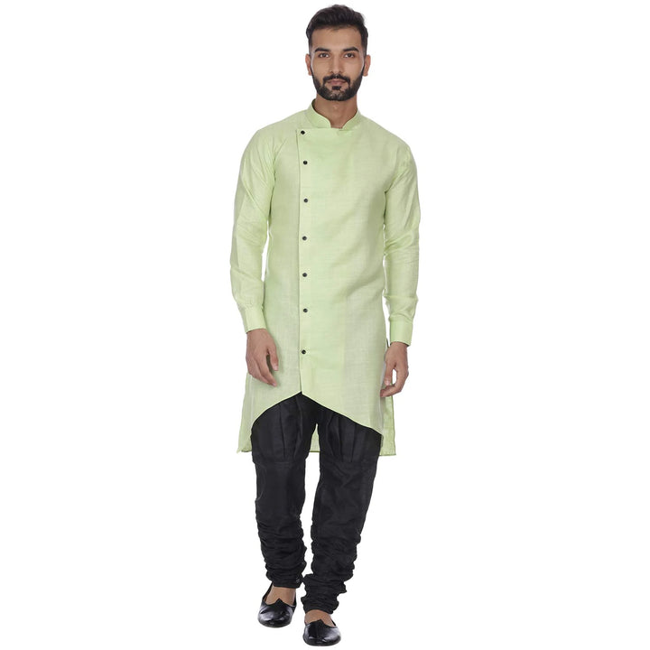 Men's Pista Green Zig Zag Plain Long Cotton Kurta | Machine Weave Fabric