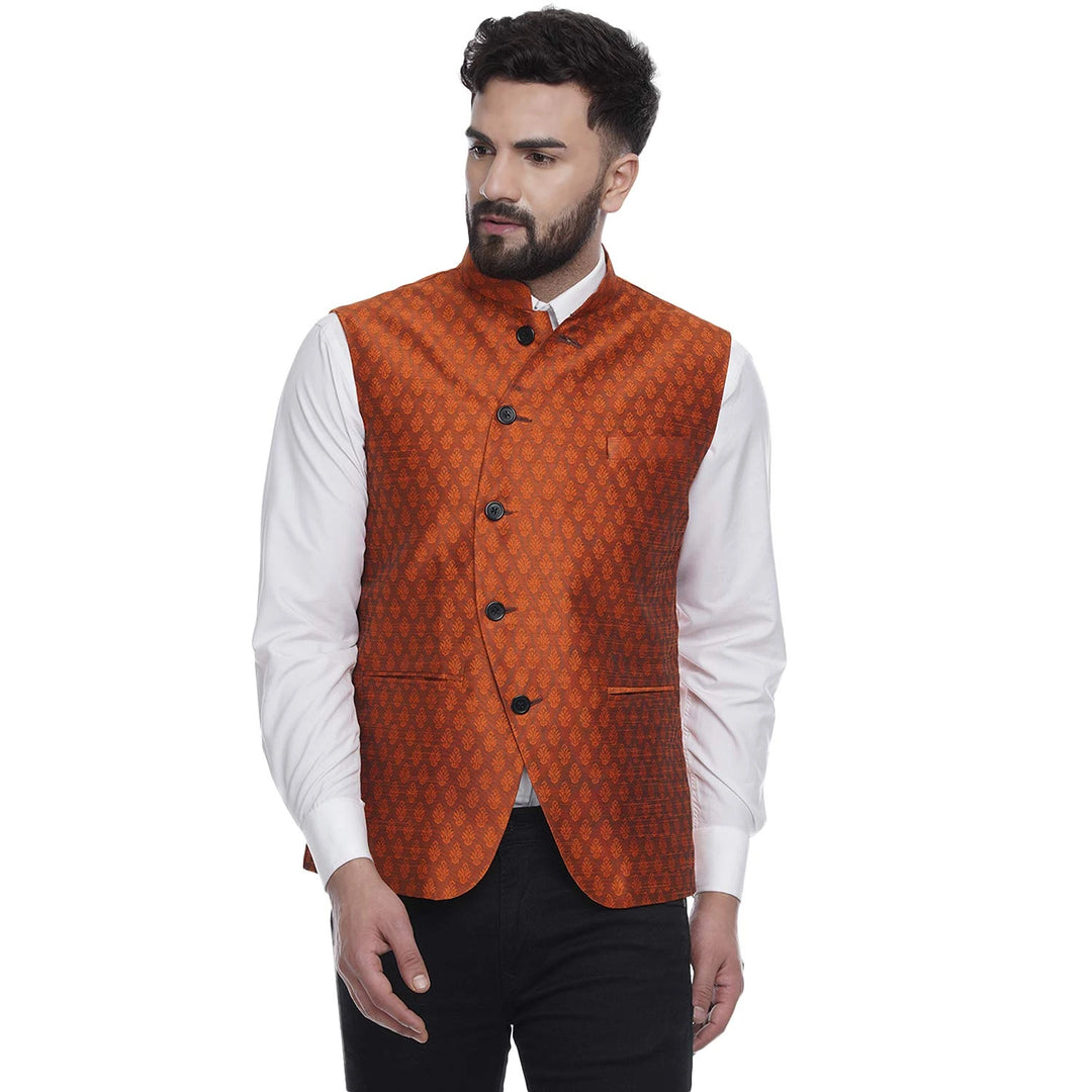 Royal Jacquard Nehru Jacket | Orange Art Silk for Weddings
