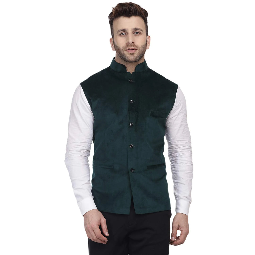 Regal Velvet Nehru Jacket | Bottle Green Chinese Collar Elegance