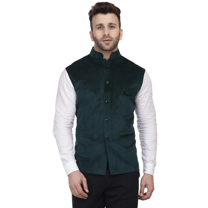 Regal Velvet Nehru Jacket | Bottle Green Chinese Collar Elegance