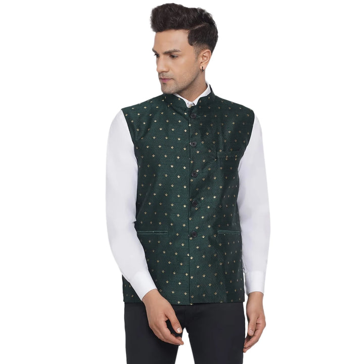 Dark Green Nehru Jacket for Men | Elegant Jacquard Printed Style