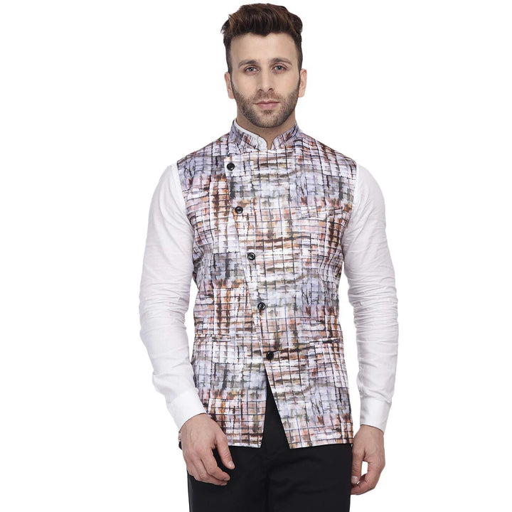 Men's Light Gray Nehru Jacket | Printed Silk Blend Elegance