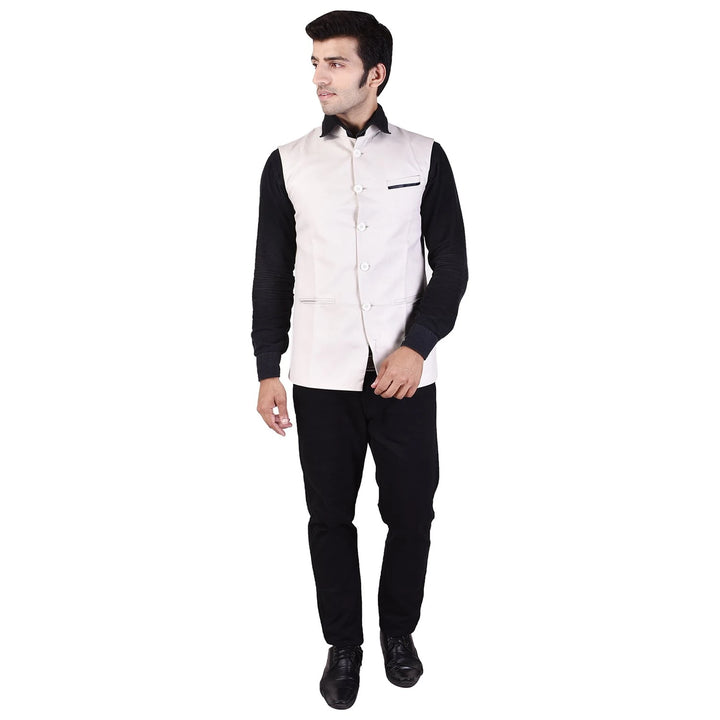 Off White Cotton Blend Nehru Jacket | Elegant Chinese Collar Style