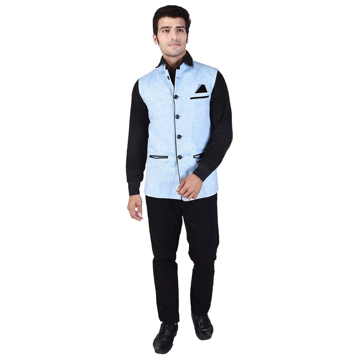 Elegant Nehru Jacket for Men | Sky Blue Cotton Blend Outerwear