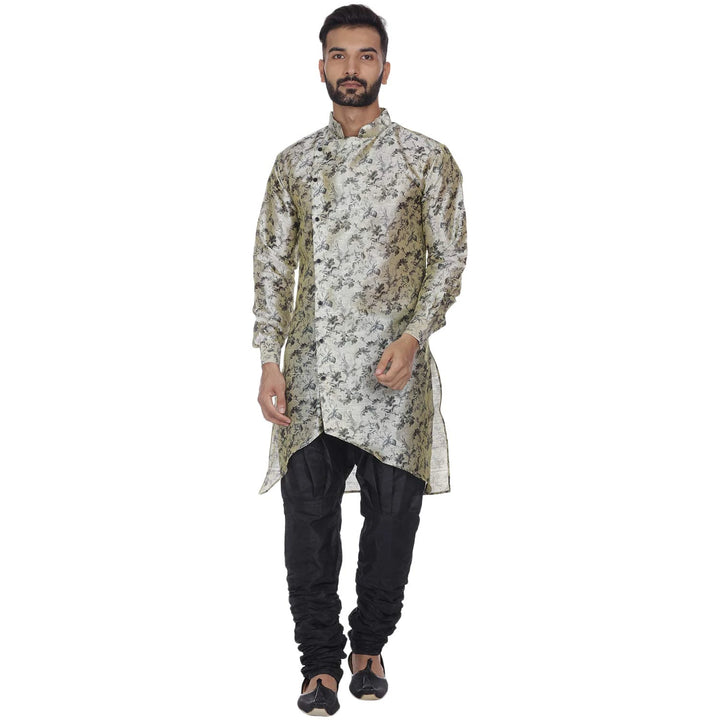 Trendy Beige Silk Kurta | Men's Dupion Silk Zig Zag Printed Kurta