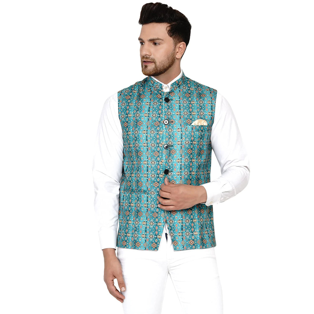 Trendy Nehru Jacket in Rama Color | Cotton Printed Perfection