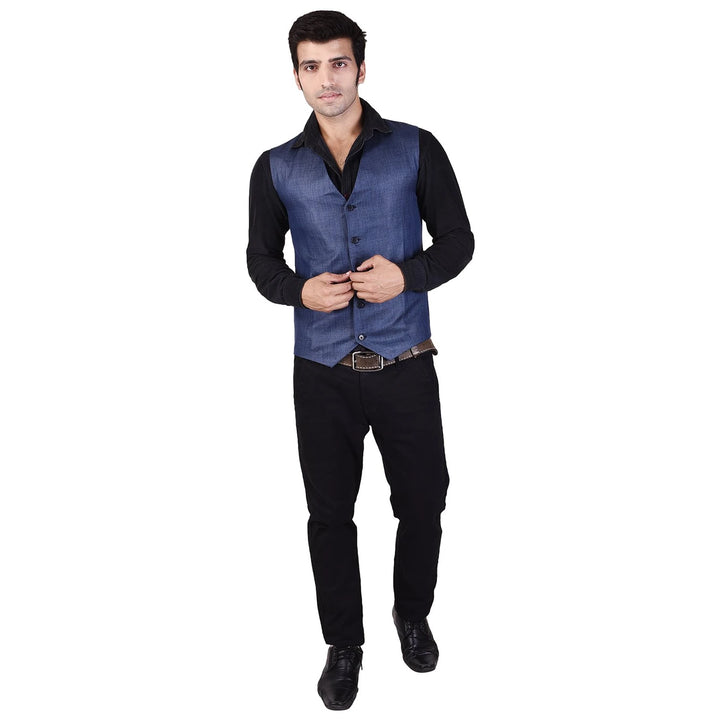 Men's Navy Cotton Poly Waistcoat | Stylish Buttoned Woven Design
