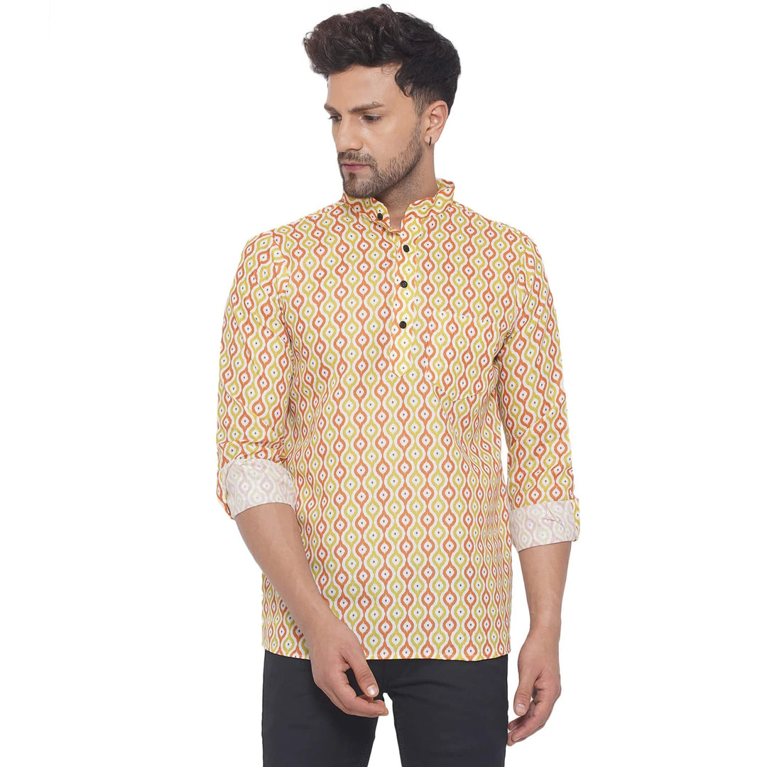 Yellow Festive Short Kurta | Premium Cotton Printed for Men