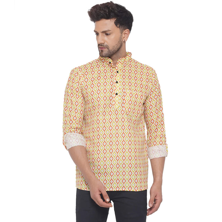 Yellow Festive Short Kurta | Premium Cotton Printed for Men