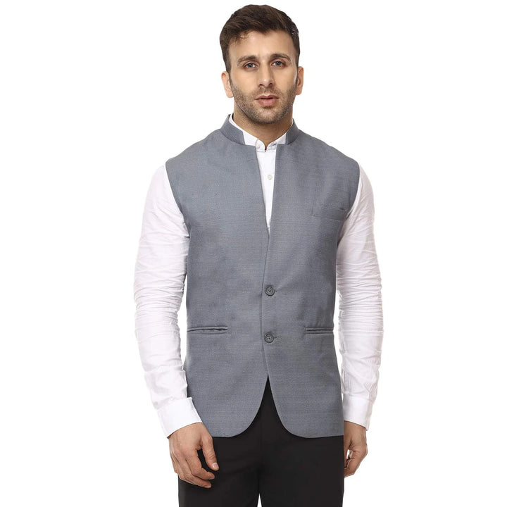 Light Gray Waist Coat for Men | Sleeveless Cotton Poly Mandarin Style