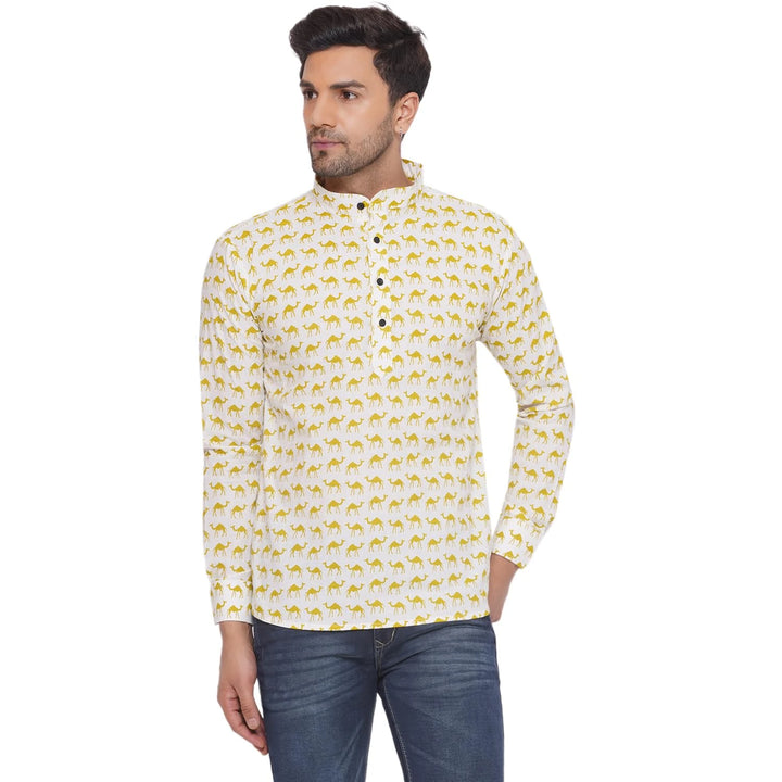 Trendy Cotton Kurta for Men | Sanganeri Camel Printed Classic