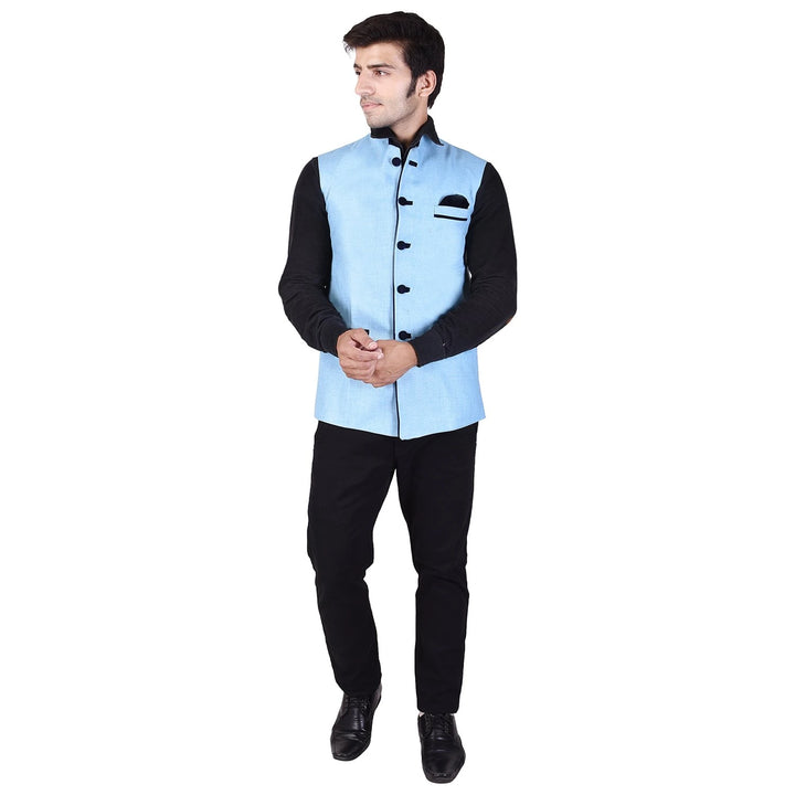 Sky Blue Jute Nehru Jacket | Designer Cotton Blend Festive Wear