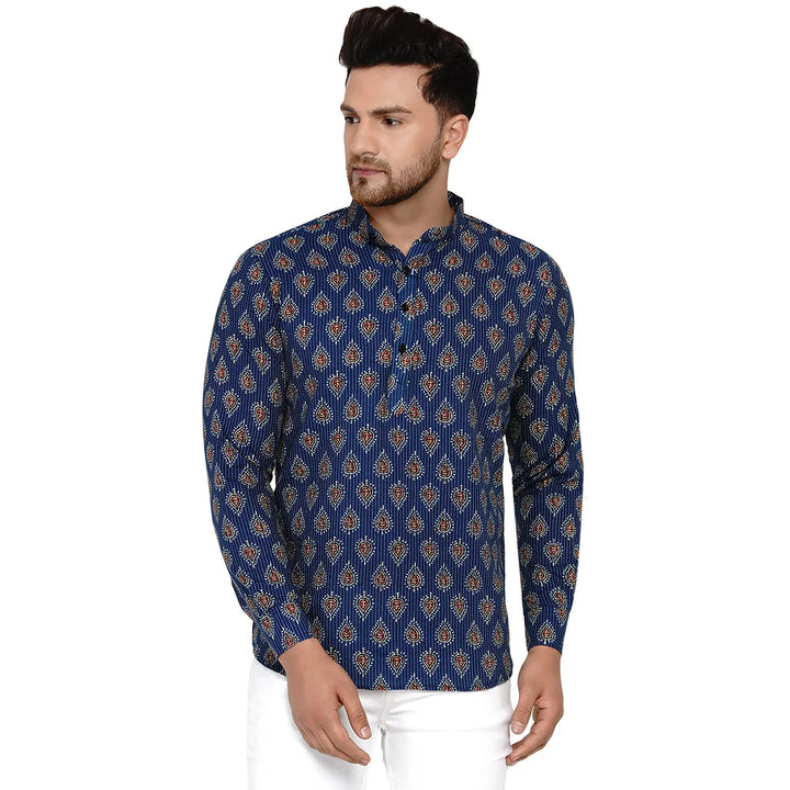 Trendy Printed Kurta for Men | Navy Cotton Short Kurta